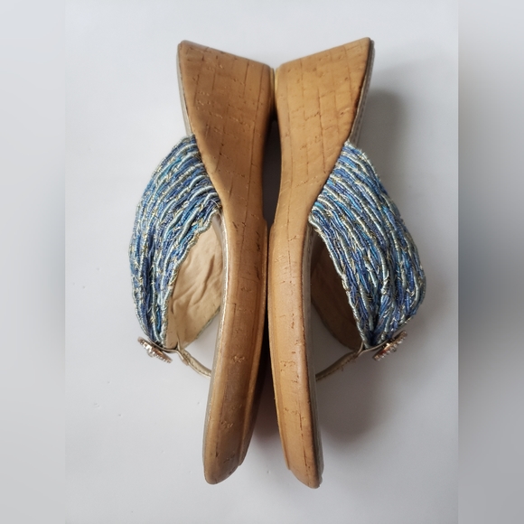 Italian Shoemaker Rhinestones Blue Gold Tone Wedge Sandals Size 10 - Picture 6 of 10